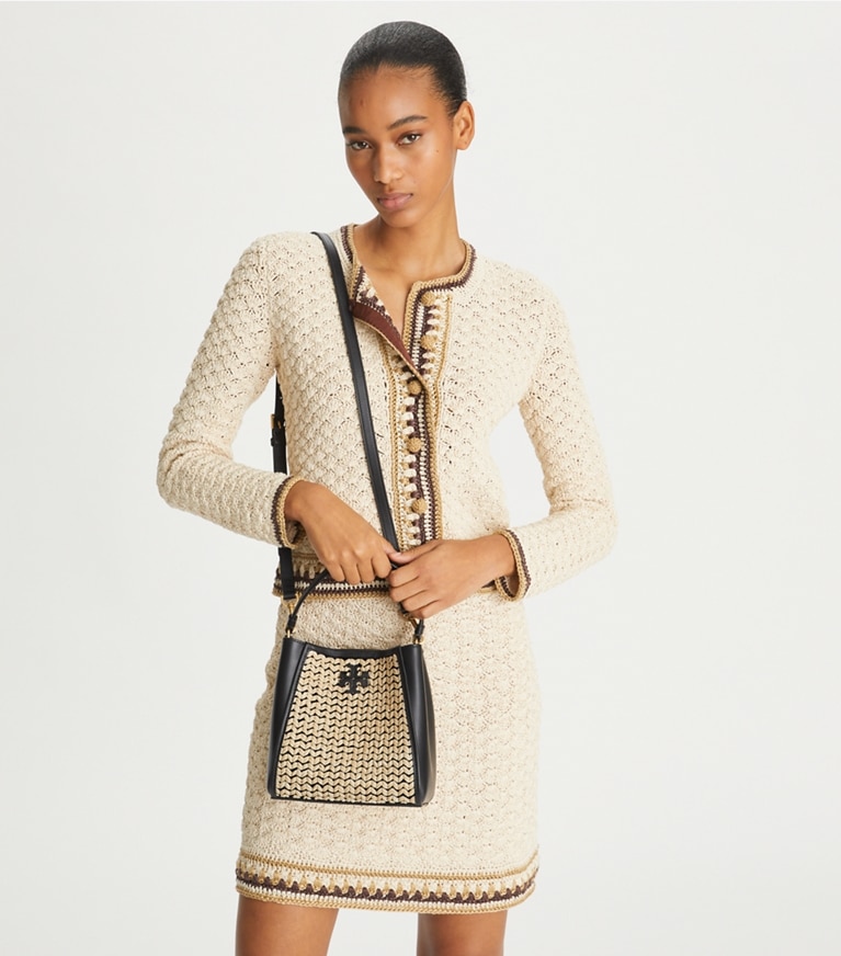 Tory Burch designer crossbody bags Small McGraw Raffia Bucket Bag in Black / Natural angle