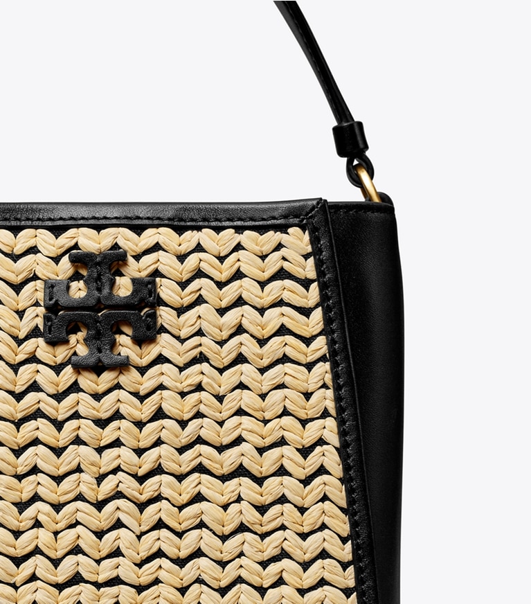 Tory Burch designer crossbody bags Small McGraw Raffia Bucket Bag in Black / Natural angle