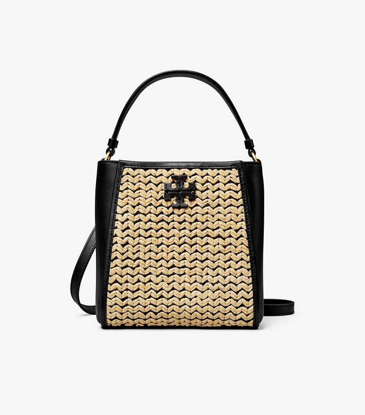 Tory Burch designer crossbody bags Small McGraw Raffia Bucket Bag in Black / Natural front
