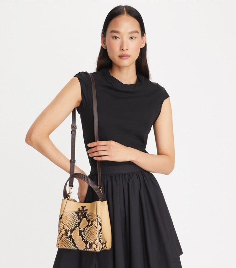 Tory Burch designer crossbody bags Small McGraw Snake Embossed Bucket Bag in Sand Drift additional on model