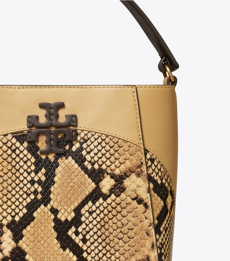 Tory Burch designer crossbody bags Small McGraw Snake Embossed Bucket Bag in Sand Drift angle