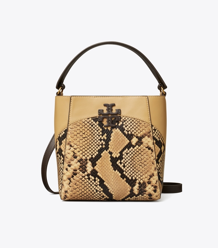 Tory Burch designer crossbody bags Small McGraw Snake Embossed Bucket Bag in Sand Drift front