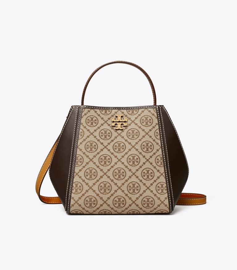 Tory Burch designer クロスボディバッグ マックグロー スモール Tモノグラム バケットバッグ in Hazelnut angle