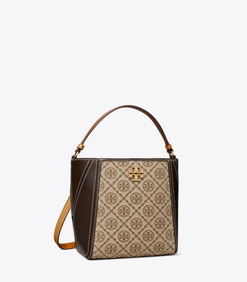 TORY BURCH バケットバッグ モノグラム Tモノグラム エンベリッシュ ミニバケットバッグ: レディース
