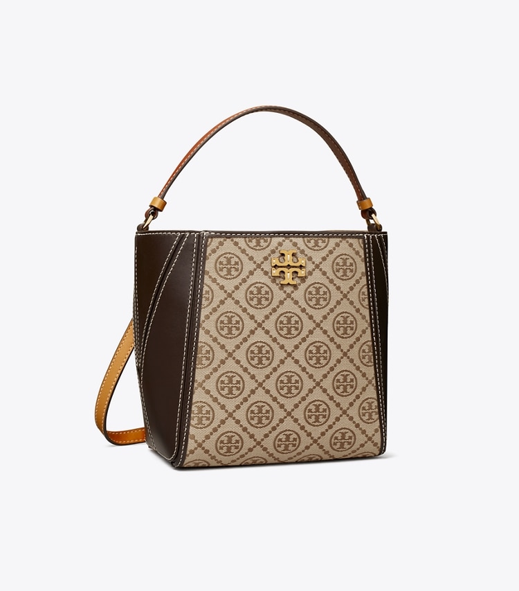 Tory Burch designer クロスボディバッグ マックグロー スモール Tモノグラム バケットバッグ in Hazelnut angle