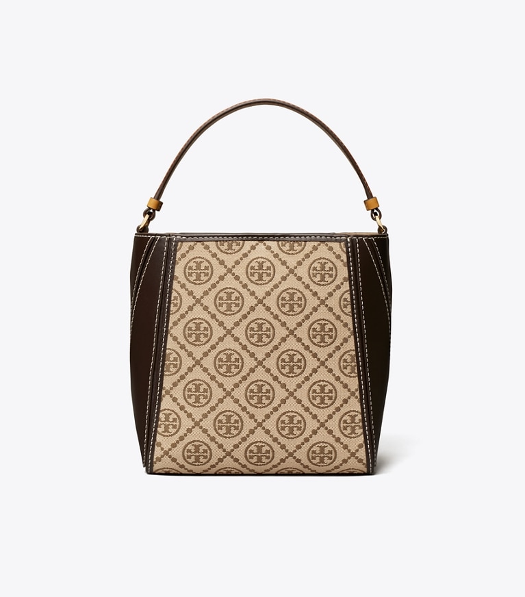 Tory Burch designer クロスボディバッグ マックグロー スモール Tモノグラム バケットバッグ in Hazelnut angle