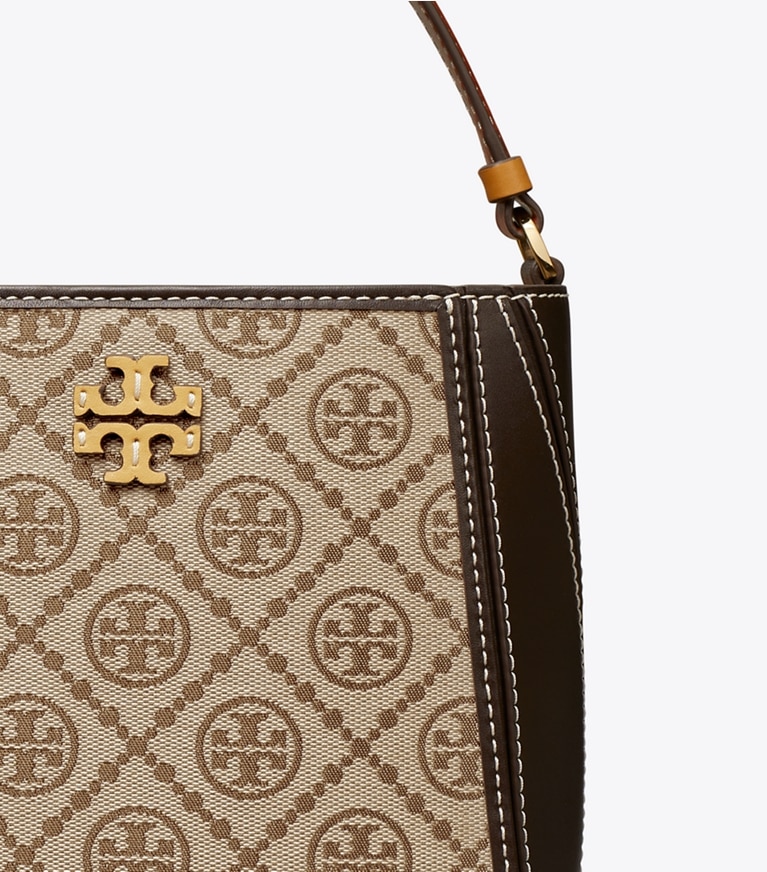 Tory Burch designer クロスボディバッグ マックグロー スモール Tモノグラム バケットバッグ in Hazelnut angle