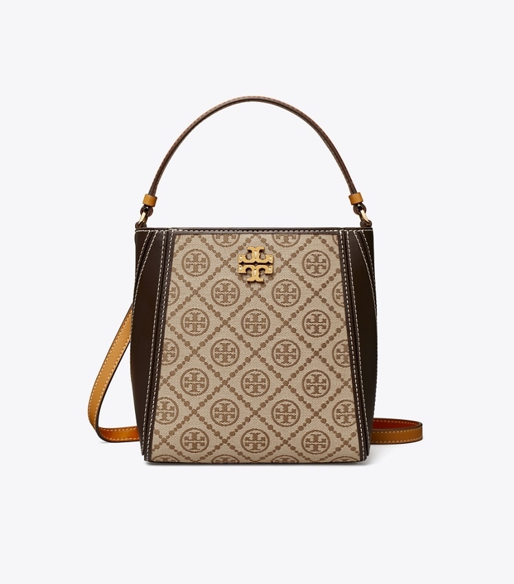 Tory Burch designer クロスボディバッグ マックグロー スモール Tモノグラム バケットバッグ in Hazelnut front