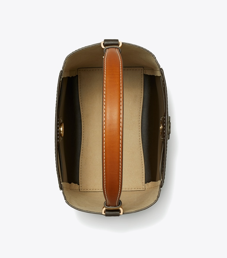 Tory Burch designer クロスボディバッグ マックグロー スモール Tモノグラム バケットバッグ in Hazelnut angle