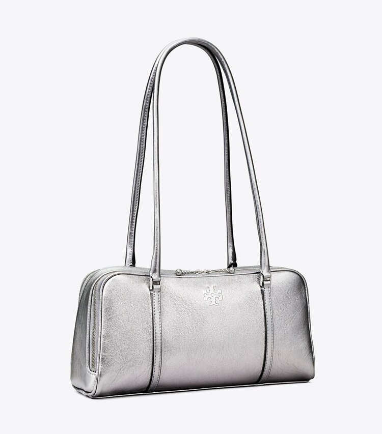Tory Burch designer satchels Small Metallic Marshmallow Satchel in Shiny Gunmetal Leather / Bay Gray angle