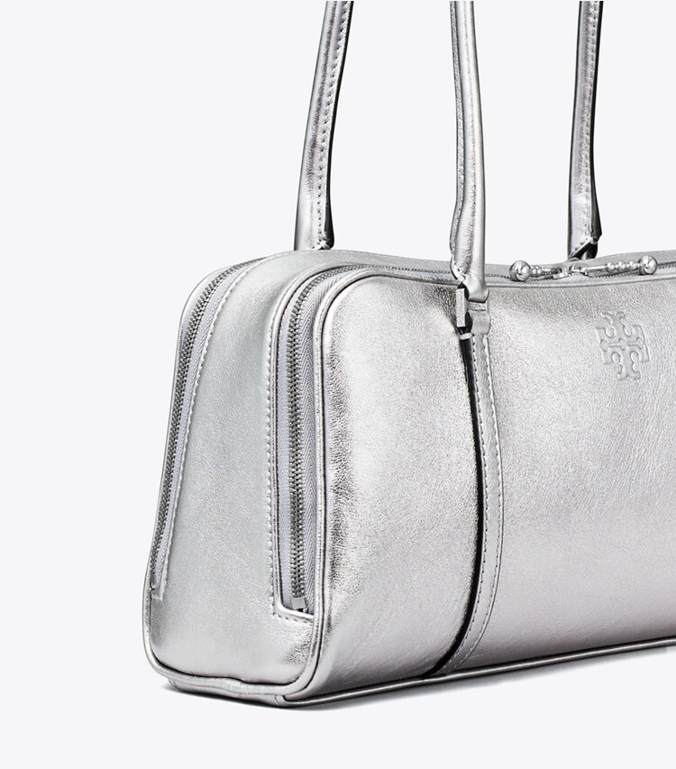 Tory Burch designer satchels Small Metallic Marshmallow Satchel in Shiny Gunmetal Leather / Bay Gray detail