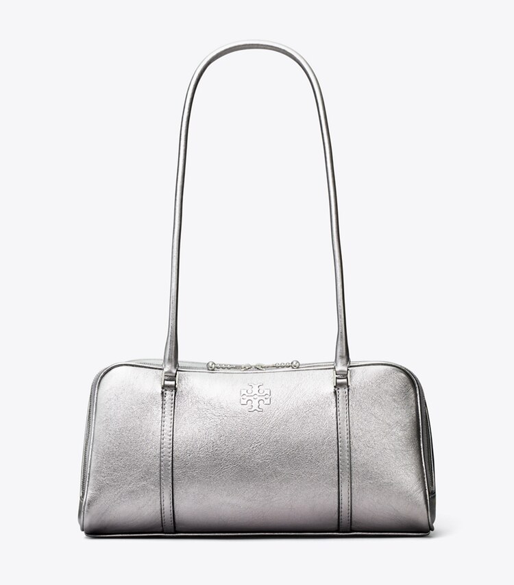 Tory Burch designer satchels Small Metallic Marshmallow Satchel in Shiny Gunmetal Leather / Bay Gray front