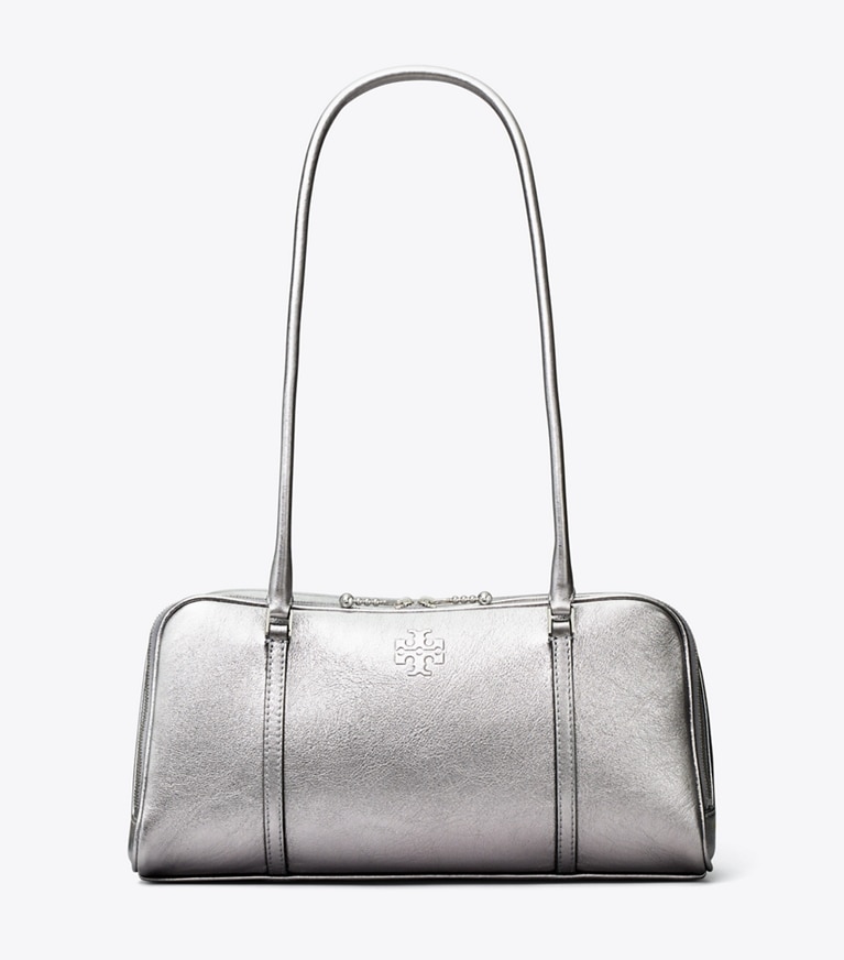 Tory Burch designer satchels Small Metallic Marshmallow Satchel in Shiny Gunmetal Leather / Bay Gray angle