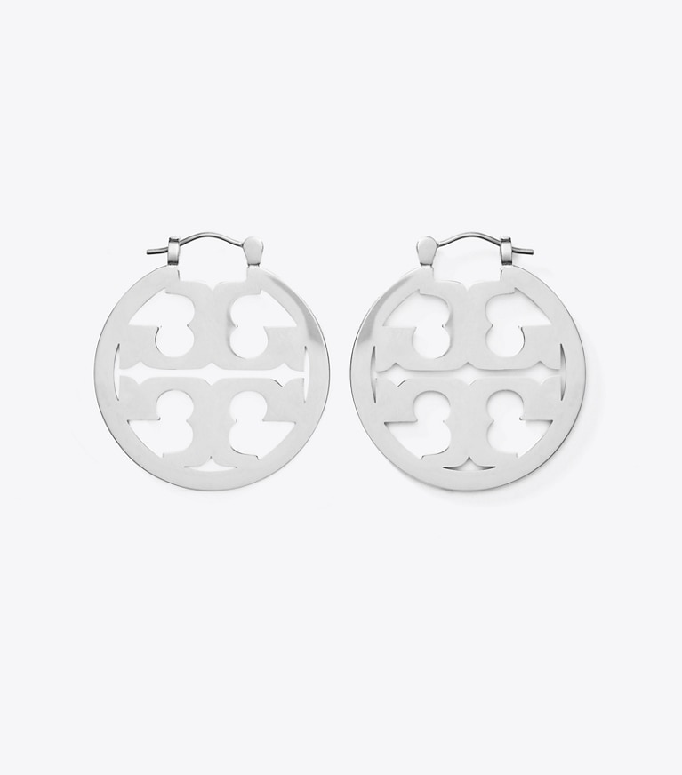Tory Burch designer earrings Small Miller Hoop Earring in Tory Silver front