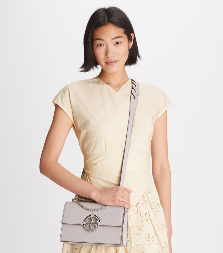 Tory Burch designer shoulder bags Small Miller Shoulder Bag in Bay Gray accessory on model