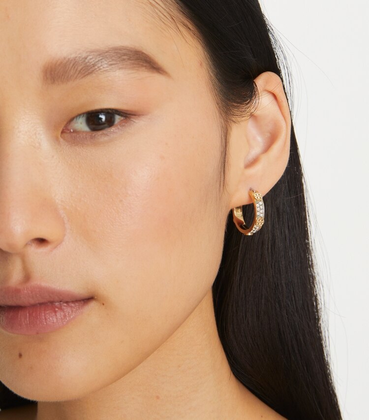 Tory Burch designer earrings Small Miller Stud Hoop Earring in Tory Gold / Crystal accessory on model