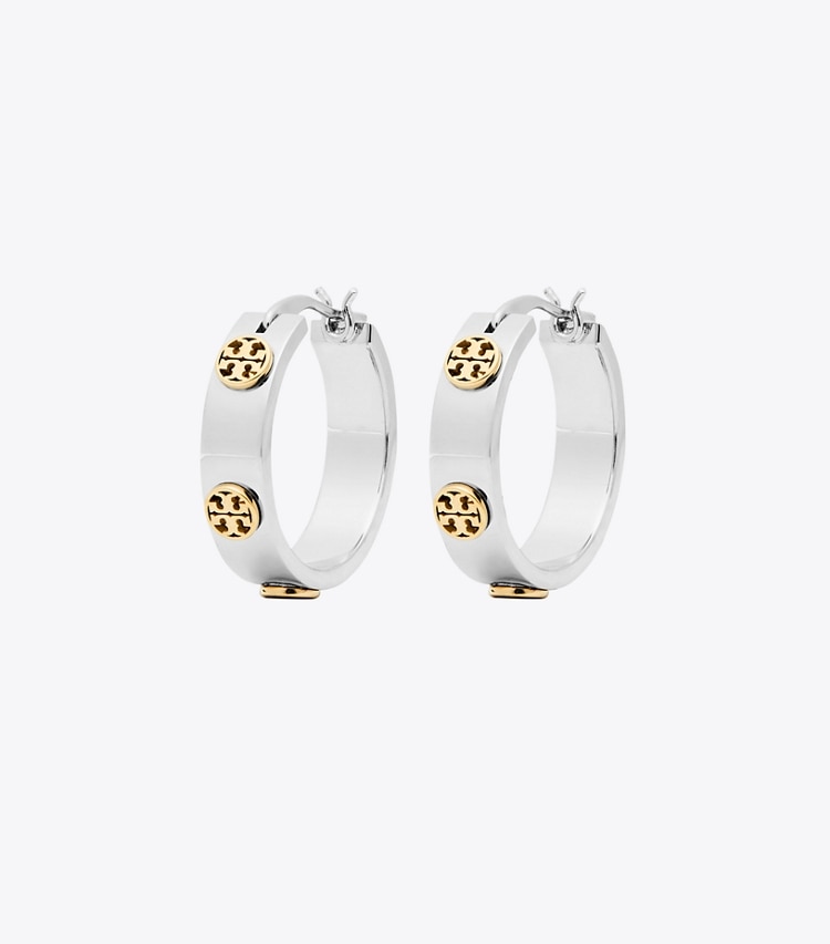 Tory Burch designer earrings Small Miller Stud Huggie Earring in Tory Silver / Tory Gold front