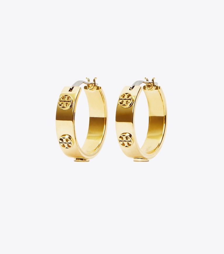 Tory Burch designer earrings Small Miller Stud Huggie Earrings in Tory Gold front