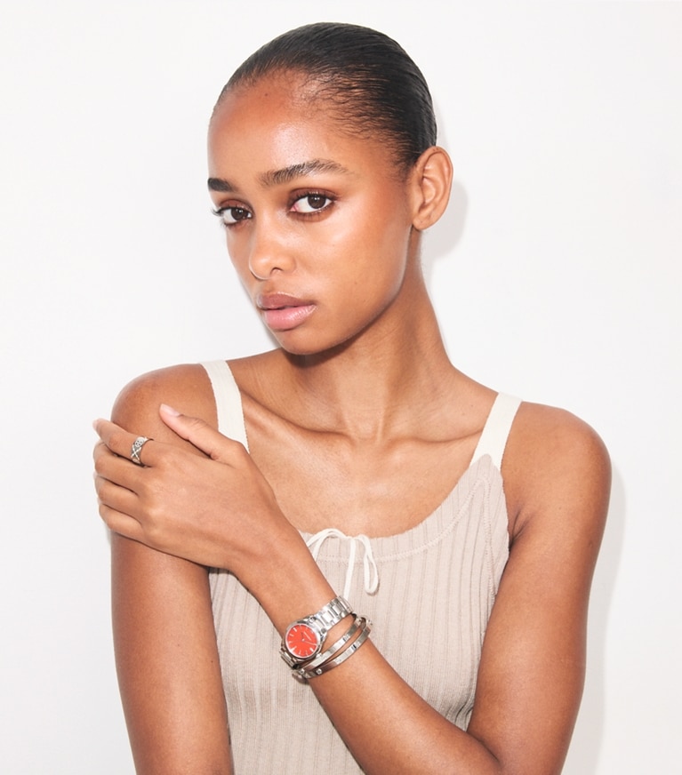 Tory Burch designer strap watches Small Miller Watch in RED/SILVER accessory on model