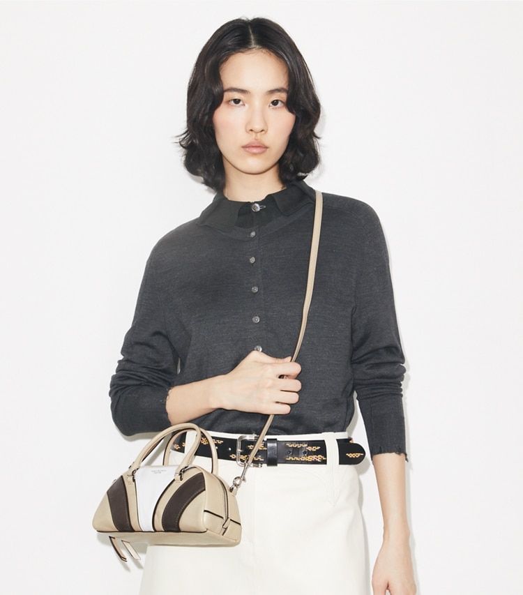 Tory Burch designer crossbody bags Small Moto Quilt Bowler in Multi accessory on model