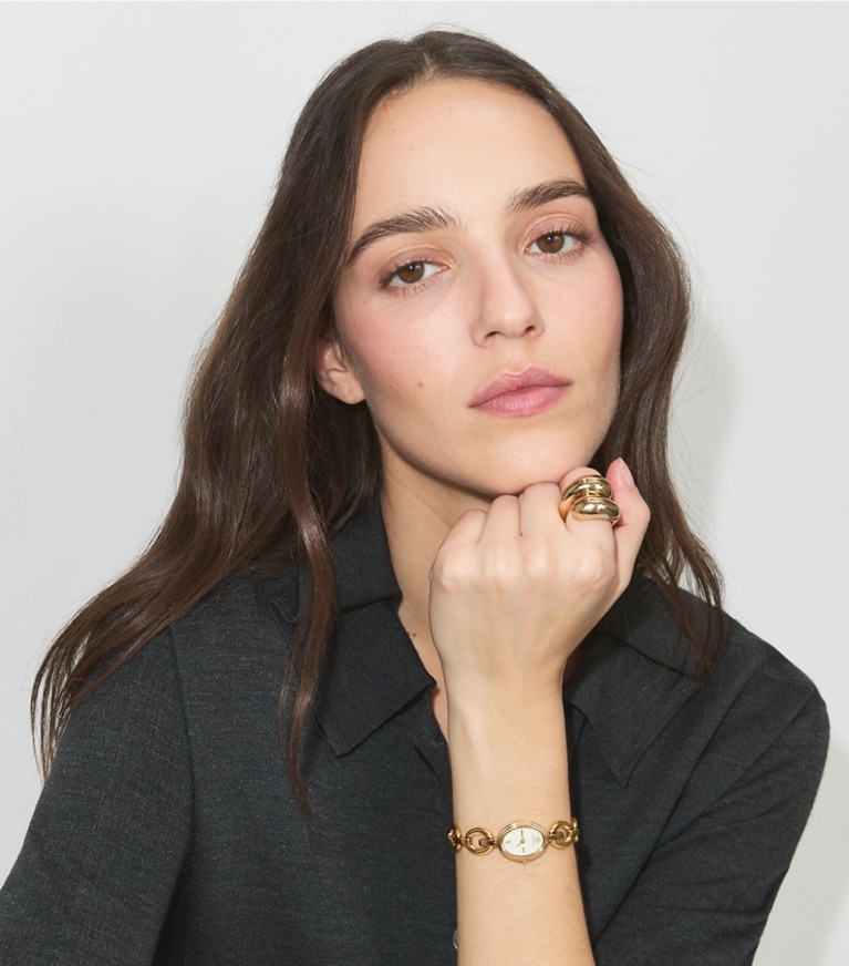 Tory Burch designer strap watches Small Oval Watch Gift Set in IVORY/GOLD/BLACK accessory on model