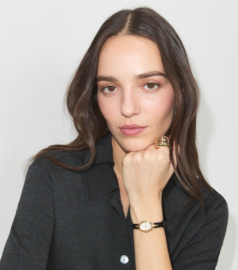 Tory Burch designer strap watches Small Oval Watch Gift Set in IVORY/GOLD/BLACK additional on model