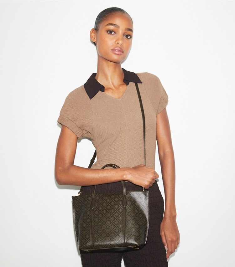 Tory Burch designer tote bags Small Perry Coated Canvas Tote in French Press accessory on model