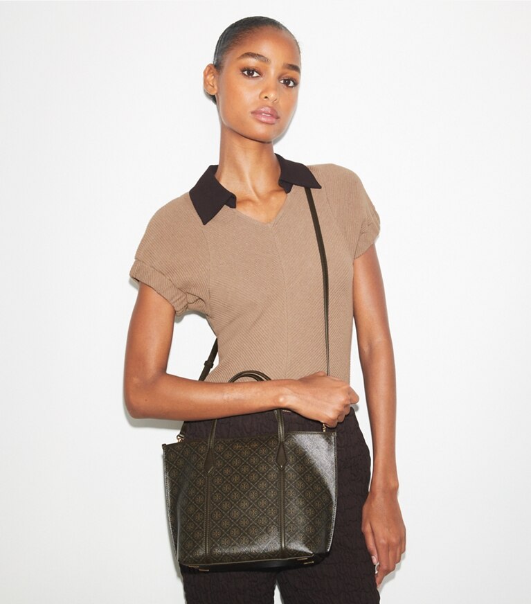 Tory Burch designer tote bags Small Perry Coated Canvas Tote in French Press angle
