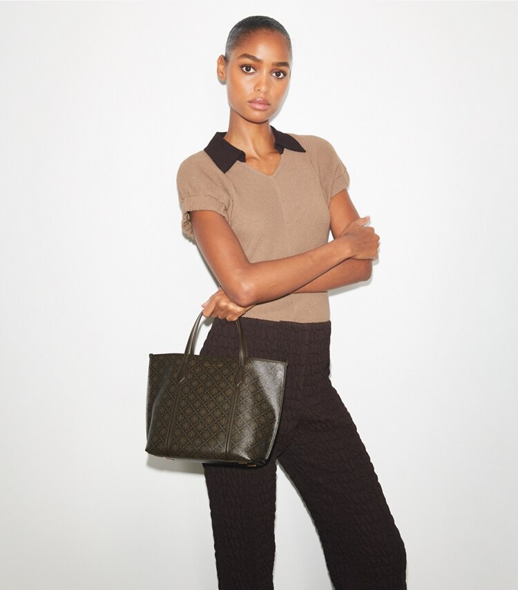 Tory Burch designer tote bags Small Perry Coated Canvas Tote in French Press additional on model