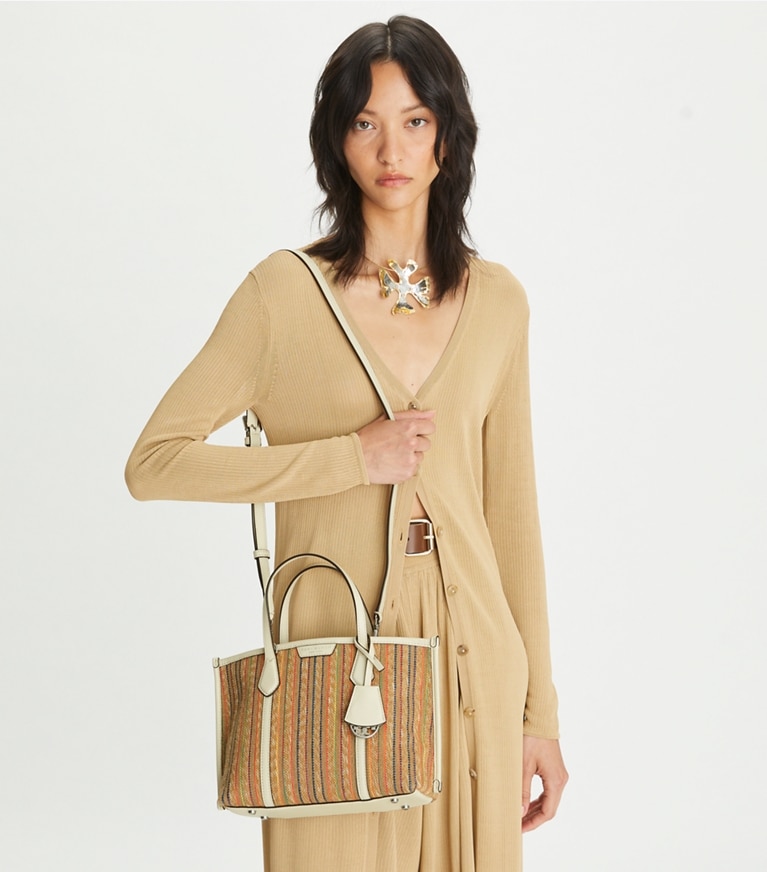 Tory Burch designer tote bags Small Perry Raffia Stripe Triple-Compartment Tote in Multi angle