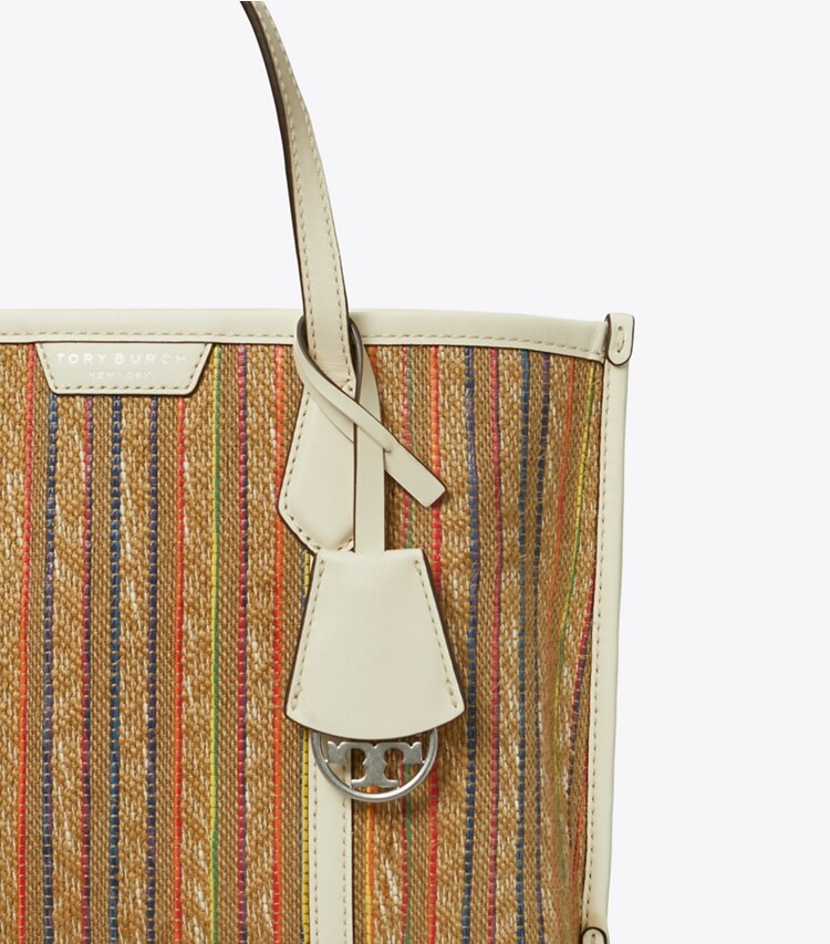 Tory Burch designer tote bags Small Perry Raffia Stripe Triple-Compartment Tote in Multi detail