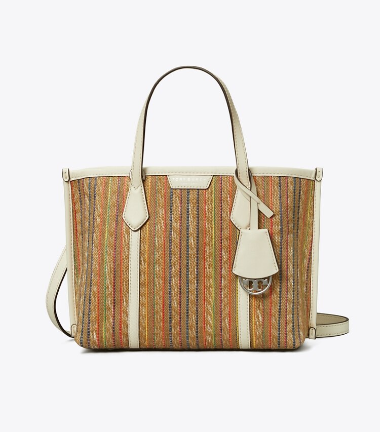 Tory Burch designer tote bags Small Perry Raffia Stripe Triple-Compartment Tote in Multi front