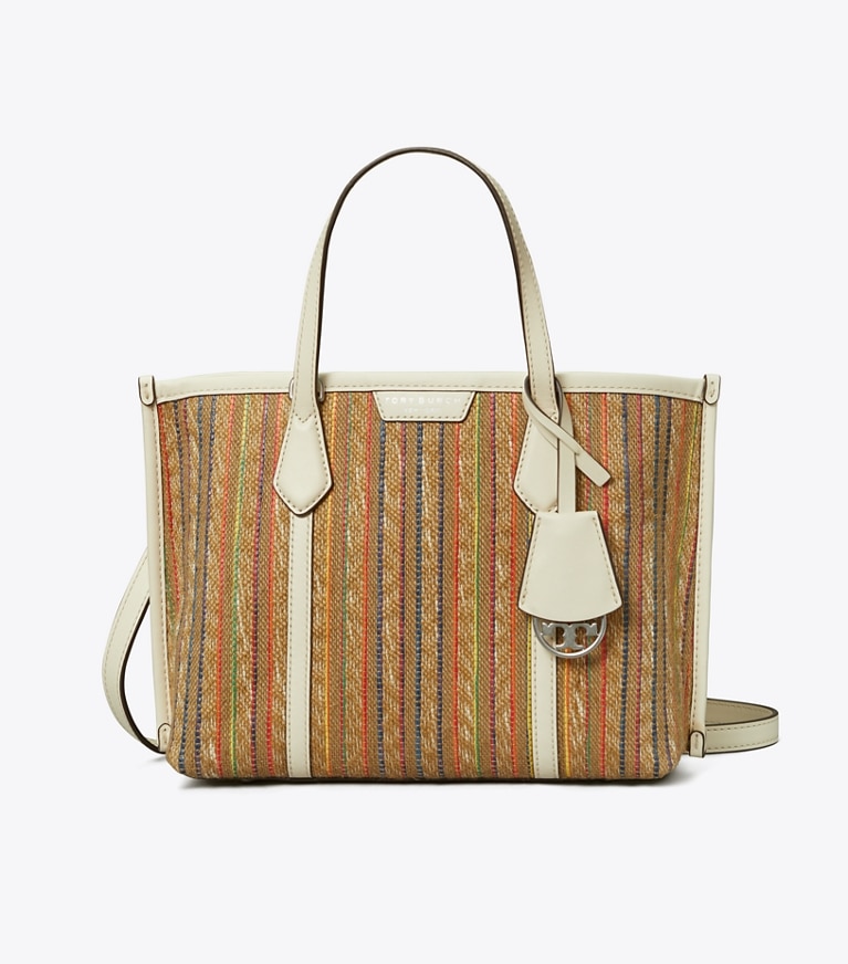 Tory Burch designer tote bags Small Perry Raffia Stripe Triple-Compartment Tote in Multi angle