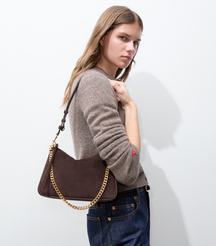 Tory Burch designer shoulder bags Small Perry Suede Shoulder Bag in Dark Cocoa accessory on model