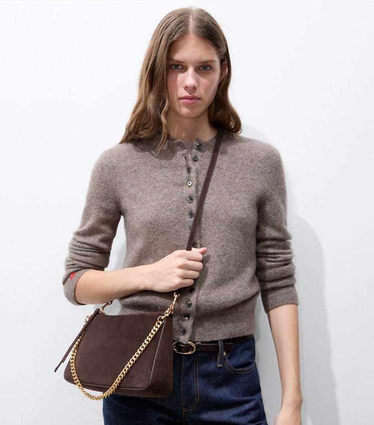 Tory Burch designer shoulder bags Small Perry Suede Shoulder Bag in Dark Cocoa additional on model
