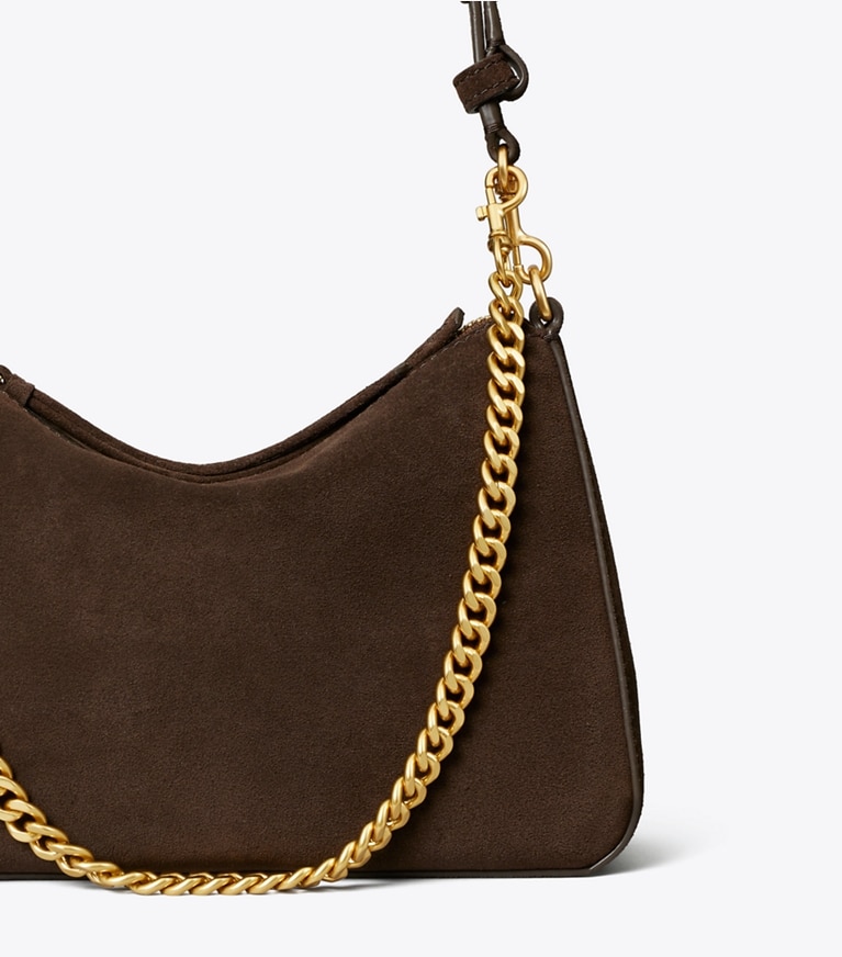 Tory Burch designer shoulder bags Small Perry Suede Shoulder Bag in Dark Cocoa detail
