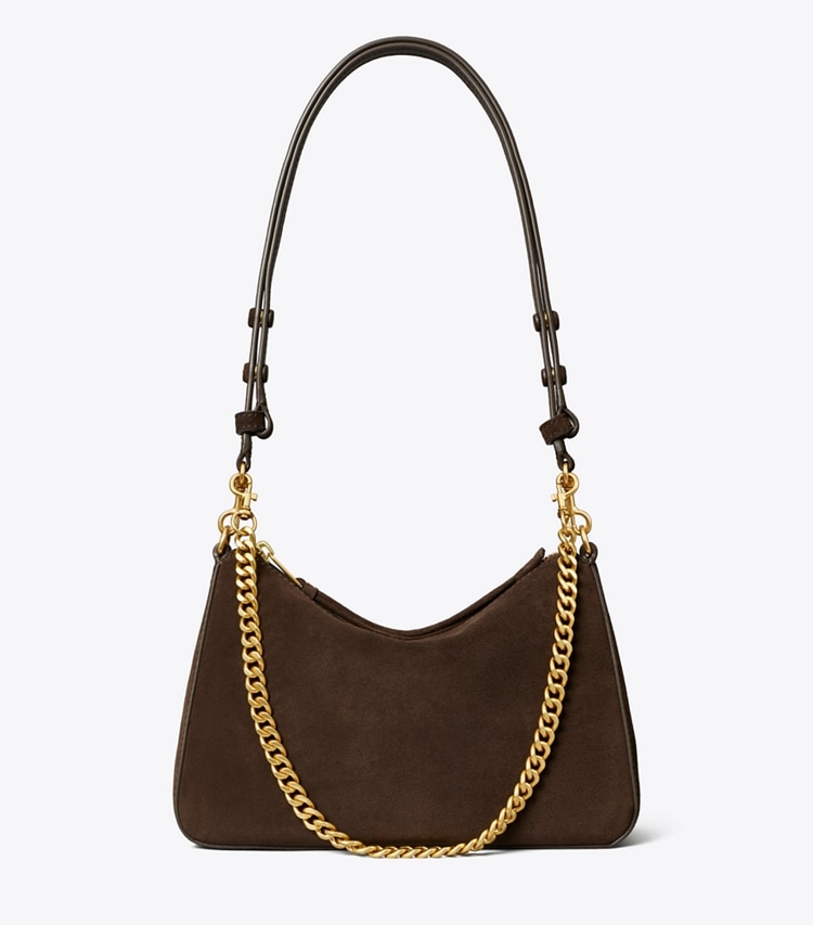 Tory Burch designer shoulder bags Small Perry Suede Shoulder Bag in Dark Cocoa front
