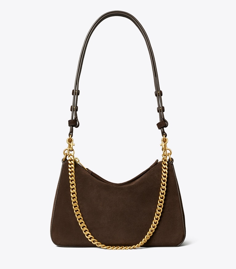 Tory Burch designer shoulder bags Small Perry Suede Shoulder Bag in Dark Cocoa front