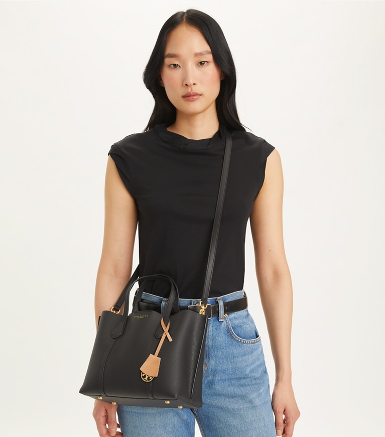 Tory Burch designer tote bags Small Perry Triple-Compartment Tote in Black angle