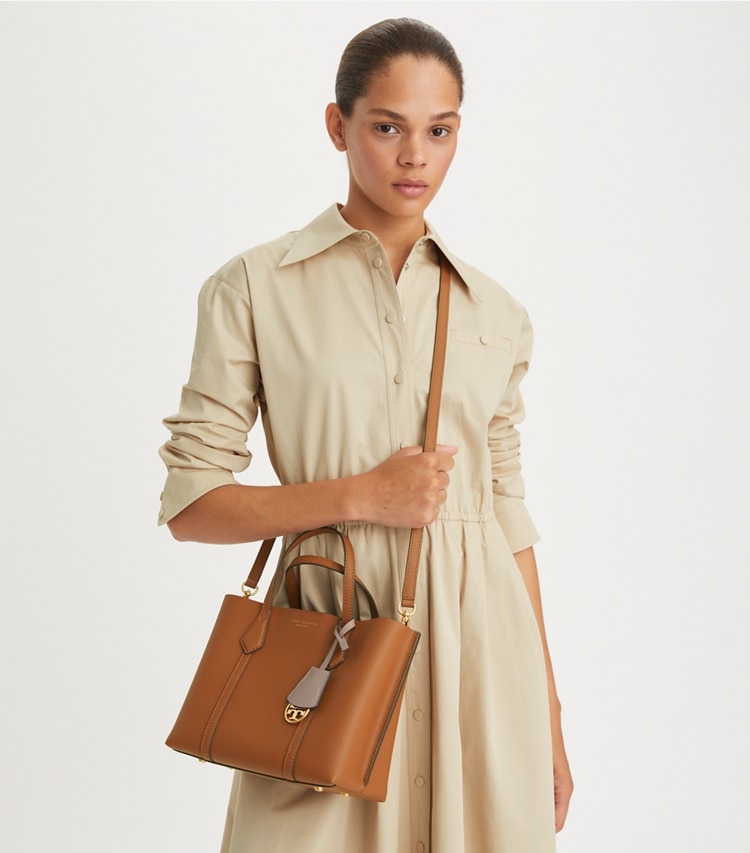 Tory Burch designer tote bags Small Perry Triple-Compartment Tote in Light Umber accessory on model
