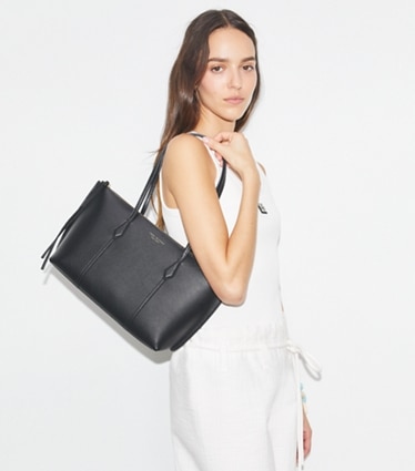 Tory Burch designer tote bags Small Perry Zip Tote in Black accessory on model