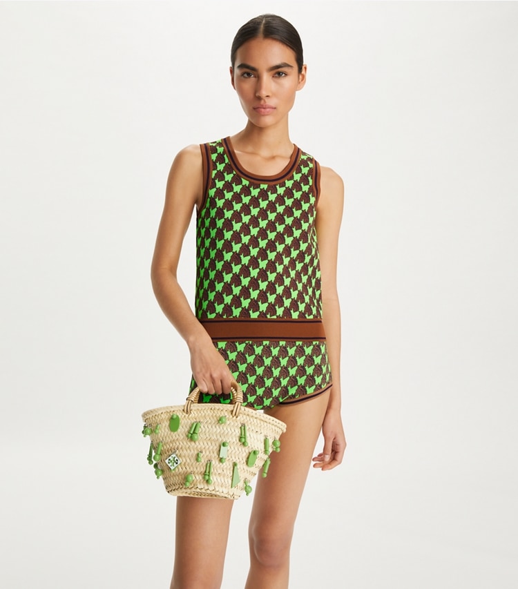 Tory Burch designer tote bags Small Raffia Embroidered Tote in Wild Leaves accessory on model
