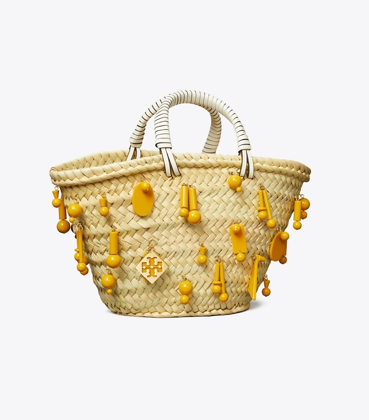 Tory Burch designer tote bags Small Raffia Embroidered Tote in Cassia angle