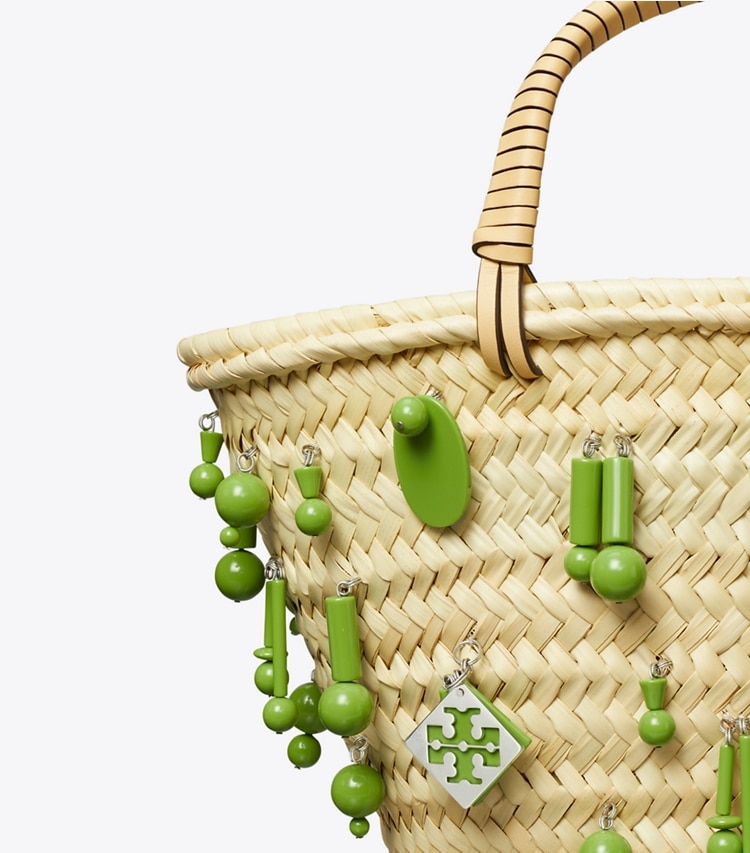 Tory Burch designer tote bags Small Raffia Embroidered Tote in Wild Leaves detail