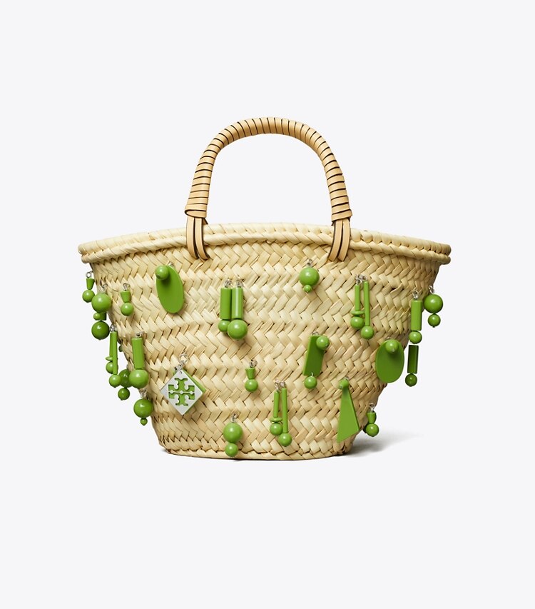 Tory Burch designer tote bags Small Raffia Embroidered Tote in Wild Leaves front