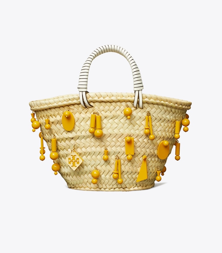 Tory Burch designer tote bags Small Raffia Embroidered Tote in Cassia front