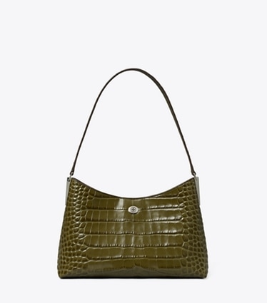 Tory Burch designer shoulder bags Small Robinson Croc-Embossed Shoulder Bag in Green Khaki front