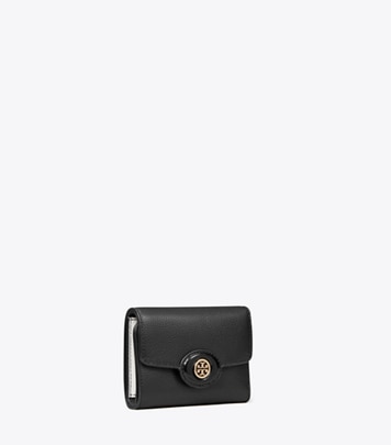 Tory Burch designer wallets Small Robinson Pebbled Wallet in Black angle