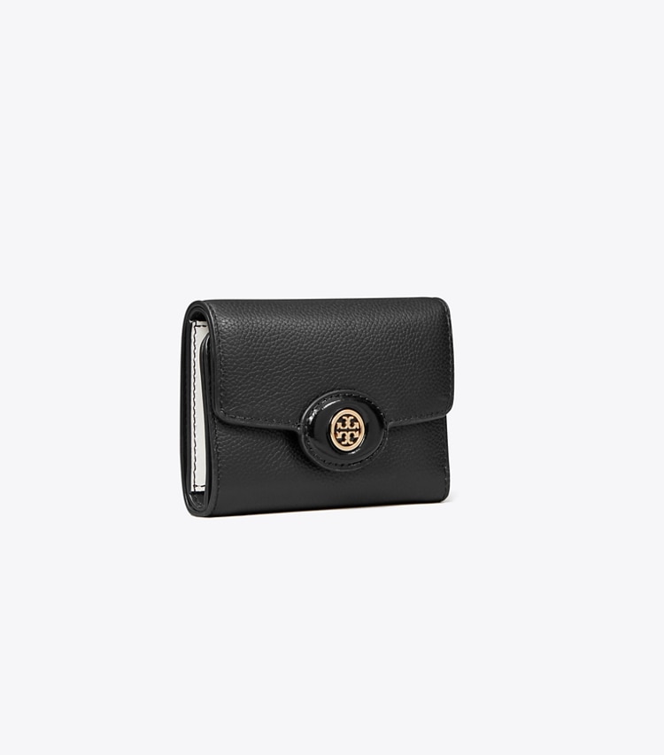 Tory Burch designer wallets Small Robinson Pebbled Wallet in Black angle