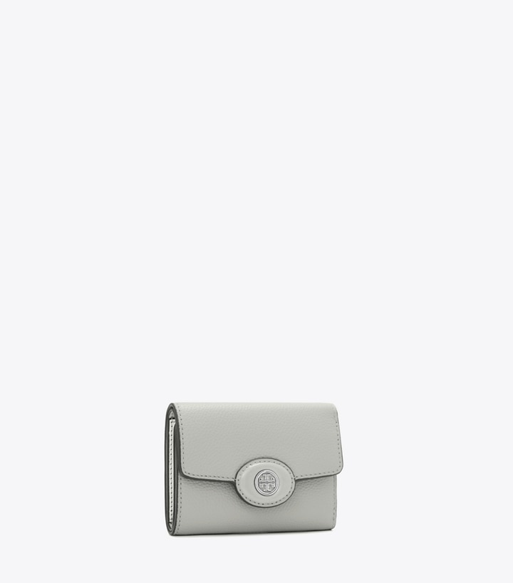 Tory Burch designer wallets Small Robinson Pebbled Wallet in Light Granite angle